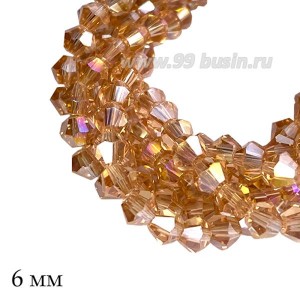 Бусины хрустальные биконус 6 мм прозрачный розовато-персиковый/радужный нить ок. 28 см/48 штук