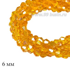 Бусины хрустальные биконус 6 мм прозрачный оранжевый/радужный нить ок. 28 см/48 штук