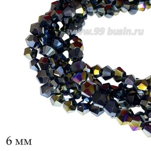 Бусины хрустальные биконус 6 мм гематит/бензин, нить ок. 27 см/48 штук