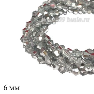 Бусины хрустальные биконус 6 мм прозрачный/серебристый, нить ок. 26 см/46 штук