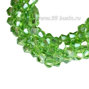 Бусина хрустальная биконус 4,5 мм светло-зеленый/радужный длина нити около 38 см/100 штук