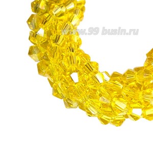 Бусина хрустальная биконус 4,5 мм солнечный желтый/перламутр длина нити около 36 см/95 штук