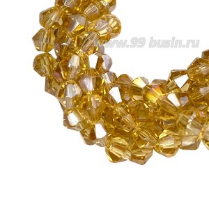 Бусина хрустальная биконус 4,5 мм светлый медовый/перламутр длина нити около 41 см/105 штук