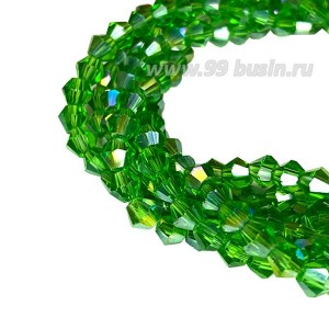 Бусина хрустальная биконус 4,5 мм прозрачный зелёный/бензин, длина нити около 44 см/115 штук
