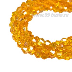 Бусина хрустальная биконус 4 мм полупрозрачный оранжевый/радужный, длина нити около 47 см/115 штук