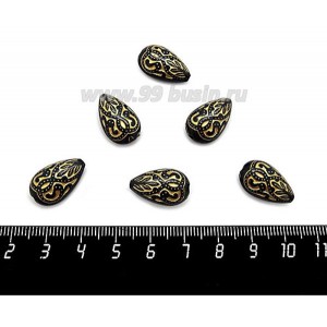 Бусина акрил Капля "Дамаск" 18*11*7 мм цвет черный/золотистый, 6 штук/упаковка