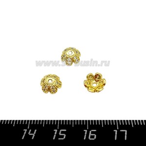 Шапочка для бусин Премиум Шесть Лепестков с микроцирконами 7,6*3 мм, золото 1 ПАРА (2шт)
