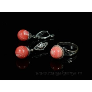Кольцо и серьги агат тонированный цвет красный
