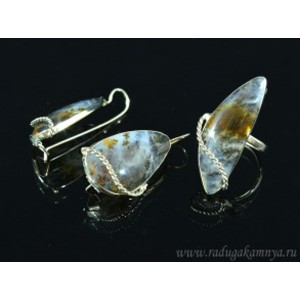 Кольцо и серьги агат моховой " Грация "