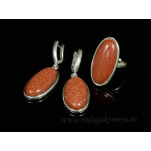 Кольцо и серьги с авантюрином (искусственным)  в посеребрении овал *32мм