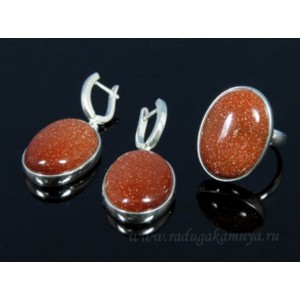 Кольцо и серьги с авантюрином (искусственным) в посеребрении овал *27мм