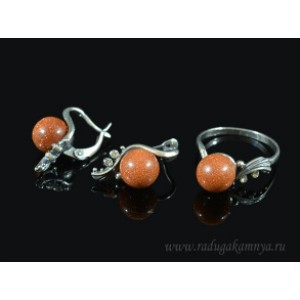 Кольцо и серьги с авантюрином (имитация) .