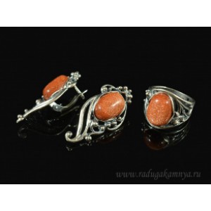 Кольцо и серьги с авантюрином (имитация) .