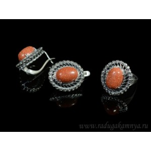 Кольцо и серьги с авантюрином (имитация) .