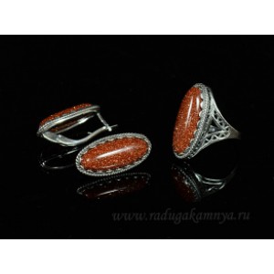 Кольцо и серьги с авантюрином (имитация) .