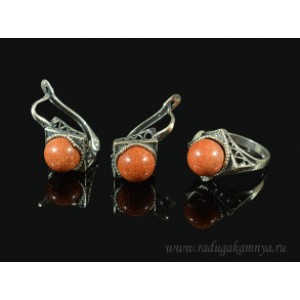 Кольцо и серьги с авантюрином (имитация) .