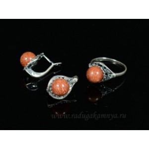 Кольцо и серьги с авантюрином (имитация) .