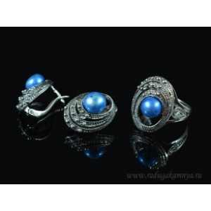 Кольцо и серьги жемчуг синий