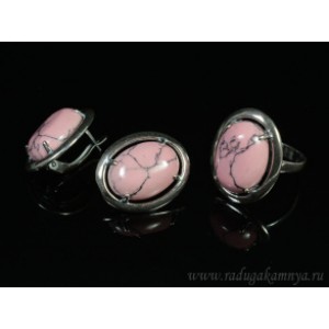 Кольцо и серьги  с кахолонгом (имитация), цвет розовый