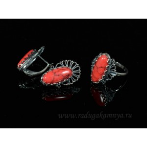 Кольцо и серьги кахолонг (имитация) цвет красный