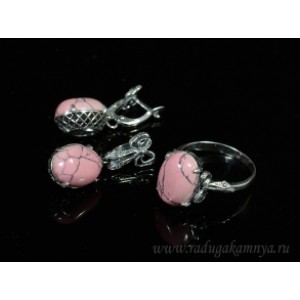Кольцо и серьги кахолонг (имитация), цвет розовый