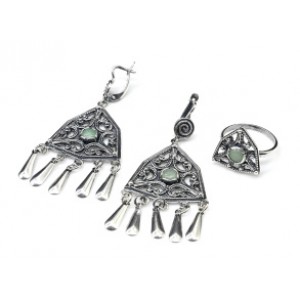 Кольцо и серьги (мельхиор) с кварца (имитация нефрита)