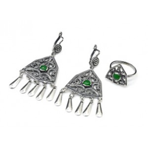 Кольцо и серьги (мельхиор) с кварцем (имитация хризопраза)