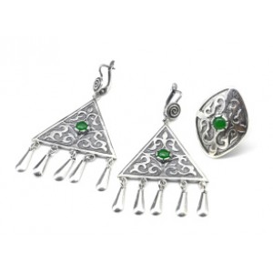 Кольцо и серьги (мельхиор) с кварцем (имитация хризопраза)