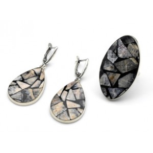 Кольцо и серьги " Мозаика" из беломорита