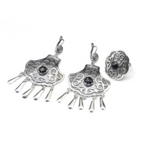 Кольцо и серьги (мельхиор) с обсидианом .