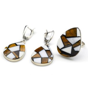 Кольцо и серьги " Мозаика" из тигрового глаза и кахолонга