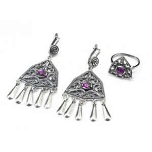 Кольцо и серьги (мельхиор) с цоизитом Кольцо и серьги (мельхиор) с цоизитом