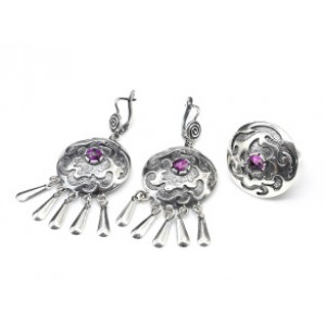 Кольцо и серьги (мельхиор) с цоизитом Кольцо и серьги (мельхиор) с цоизитом