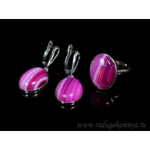 Кольцо и серьги с агатом тонированным, цвет  фуксия