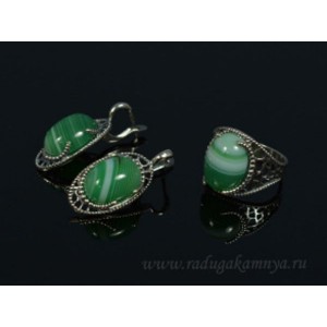 Кольцо и серьги с агатом тонированным цвет зеленый