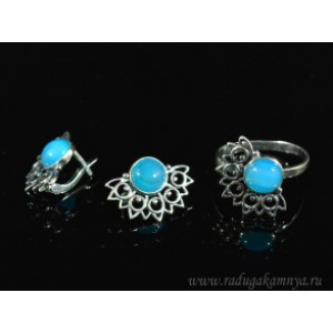 Кольцо и серьги с агатом тонированным цвет голубой
