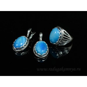 Кольцо и серьги с агатом тонированным, цвет  голбой