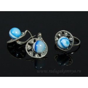 Кольцо и серьги с агатом тонированным, цвет  голубой