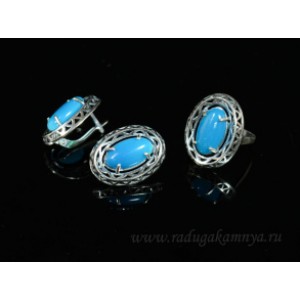 Кольцо и серьги с агатом тонированным, цвет  голубой
