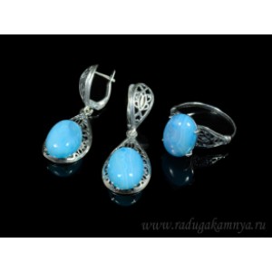 Кольцо и серьги с агатом тонированным, цвет  голубой