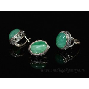 Кольцо и серьги с агатом тонированным, цвет  зеленый