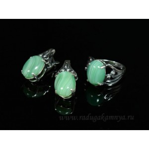 Кольцо и серьги с агатом тонированным, цвет  зеленый