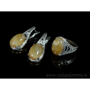 Кольцо и серьги с агатом тонированным, цвет  кофе