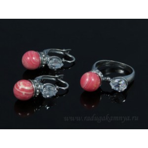 Кольцо и серьги с агатом тонированным, цвет  красный