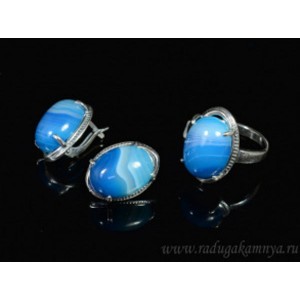Кольцо и серьги с агатом тонированным, цвет голубой