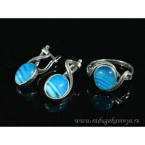 Кольцо и серьги с агатом тонированным, цвет голубой