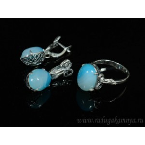 Кольцо и серьги с агатом тонированным, цвет голубой