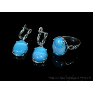 Кольцо и серьги с агатом тонированным, цвет голубой Кольцо и серьги с агатом тонированным, цвет голубой