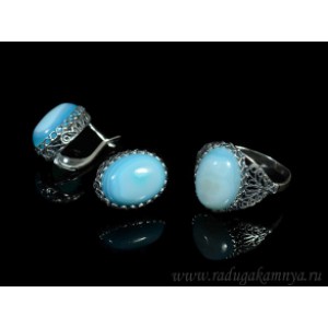 Кольцо и серьги с агатом тонированным, цвет голубой Кольцо и серьги с агатом тонированным, цвет голубой
