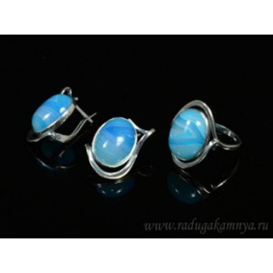 Кольцо и серьги с агатом тонированным, цвет голубой